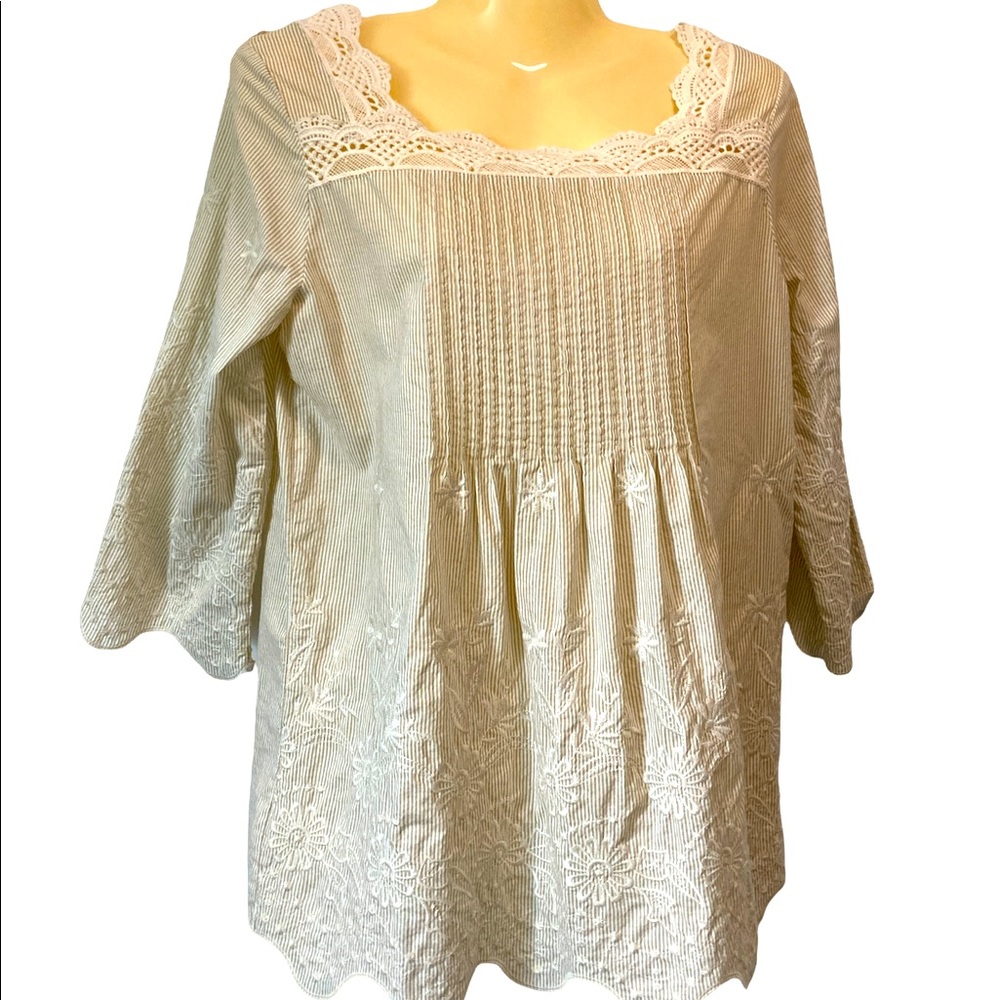 Toffee Apple Top Embroidery Prairie CottageCore Lace Vintage Beige Stripe Small